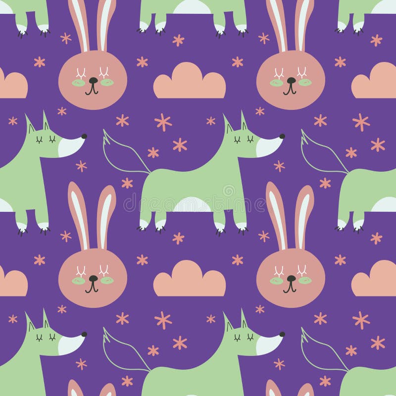 Forest Seamless Pattern with Cute Animals Fox and Rabbit. Vector