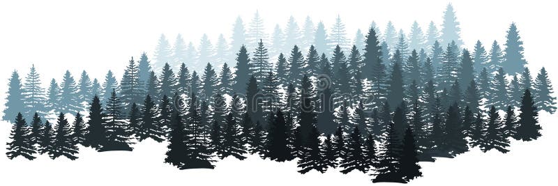 Forest Silhouette Landscape. Coniferous Forest Panorama. Winter Christmas Forest of fir trees silhouette. Layered trees background
