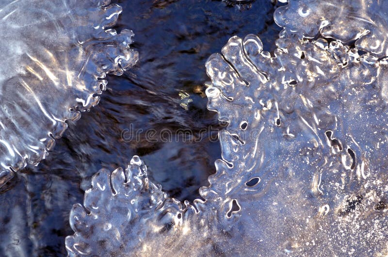 Forest stream frozen with ice closeup background