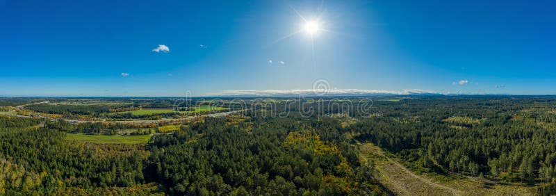 Forest Top View with a German Autobahn in the Background. Stock Photo