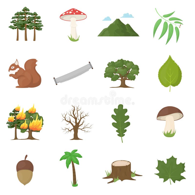 Forest 16 Vector Icons Set In Cartoon Style. Stock Vector