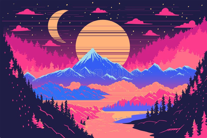 Forest  vintage night mountains landscape, 90s , 80`s neon colors