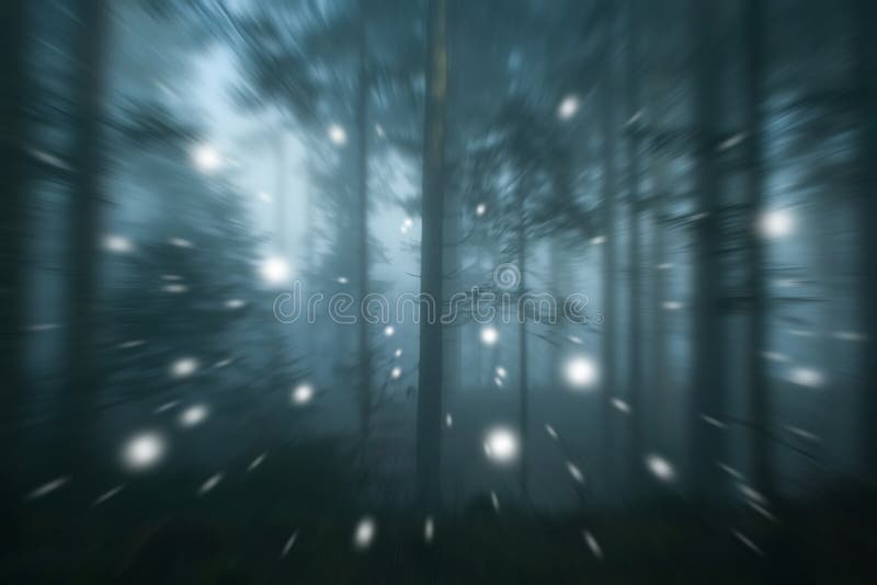 Foresta astratta con effetto motion blur e lucciole immagini stock