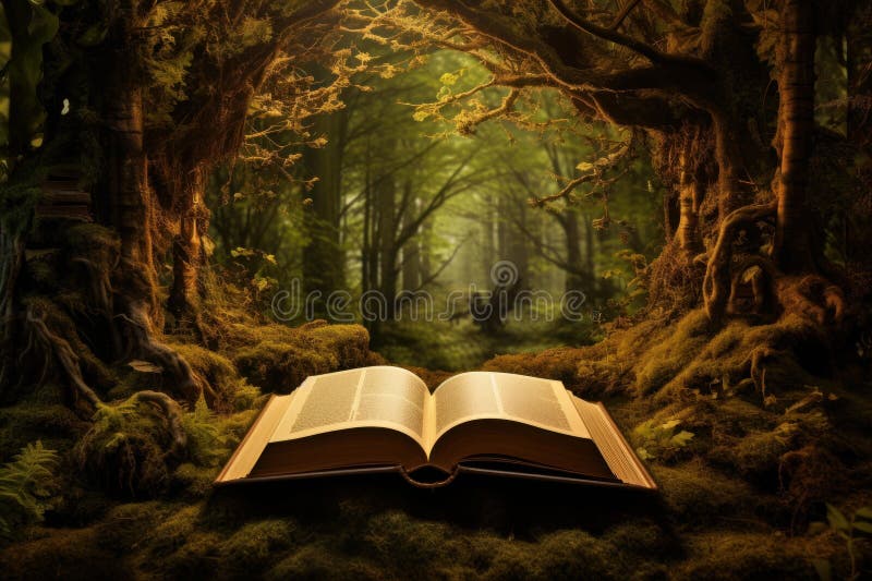 Foresta di libri magici aperti di sereno. fotografia stock