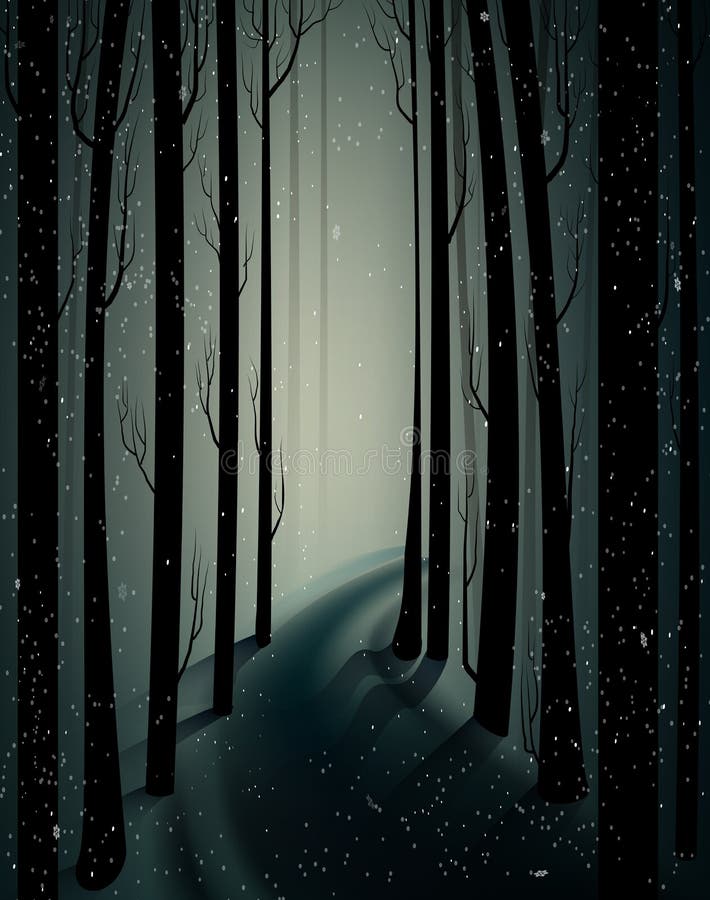 Foresta gelida leggiadramente profonda di inverno con la luce di mistero, ombre, foresta imbronciata di inverno, legno gelido fre royalty illustrazione gratis Foresta gelida leggiadramente profonda di inverno con la luce di mistero, ombre, foresta imbronciata di inverno, legno gelido fre royalty illustrazione gratis