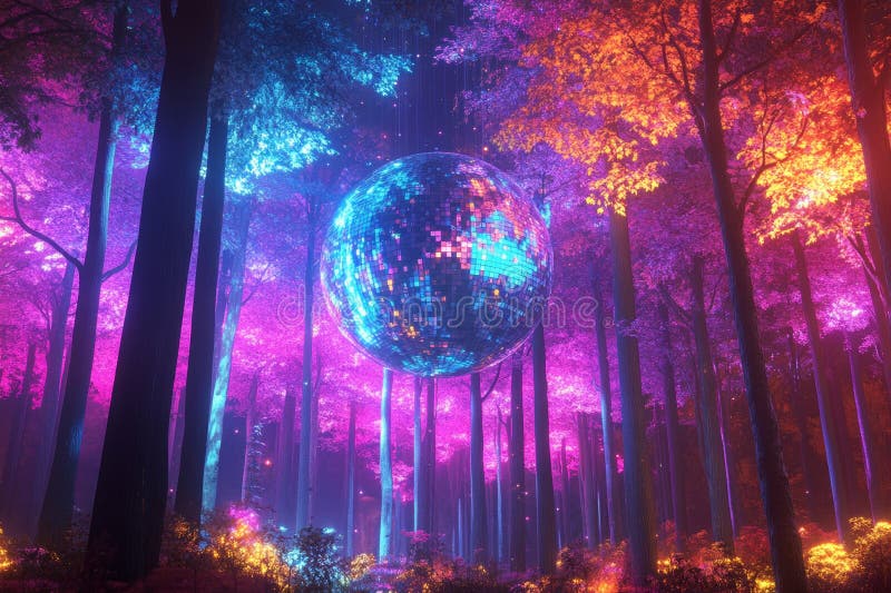 Foresta incantata con palla da disco colorata circondata da alberi royalty illustrazione gratis