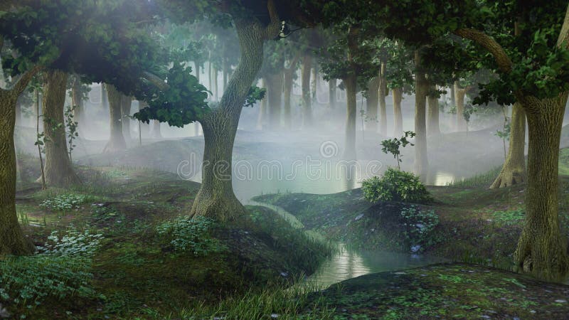 Foresta nebbiosa di fantasia con l'illustrazione degli stagni, paesaggio