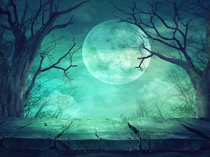 Halloween background. Spooky forest with full moon and wooden table. Halloween background. Spooky forest with full moon and wooden table