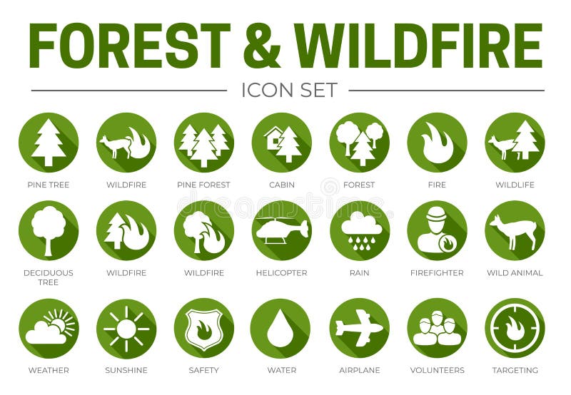 Foresta verde pianeggiante e incendio calato a un'icona a forma di fuoco con cabina di pino selvatica elicottero pioggia meteorolo royalty illustrazione gratis