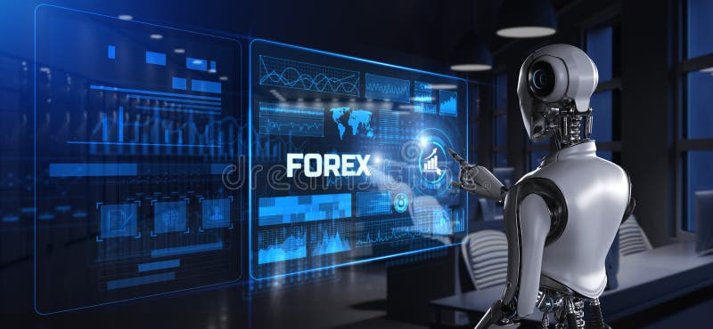 Forex Robot Trading Automation Concept. Robot Pressing Button on Screen 3d Render Stock Illustration - Illustration of computer, process: