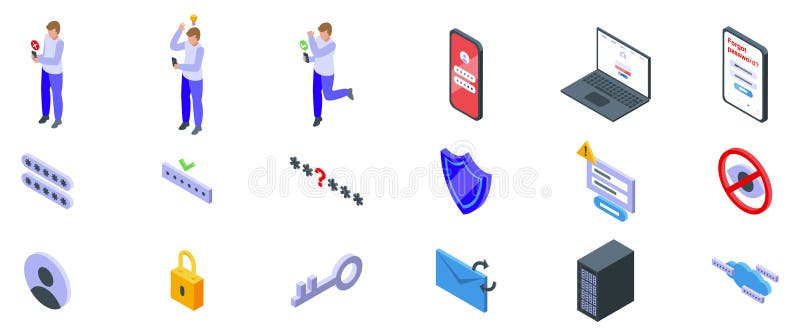 Forgot password icons set. Programmers trying to recover password and using cybersecurity features stock illustration