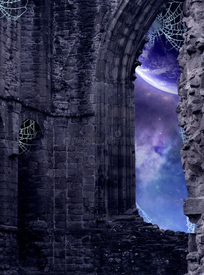 A corner of a ruined castle with a window looking out into the cosmos. Spiderwebs illustrations