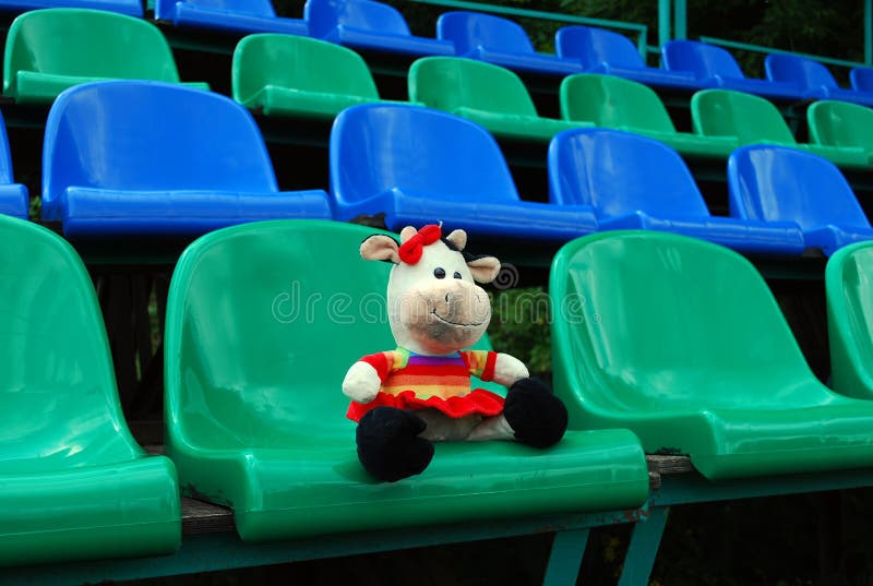 Forgotten by Someone in the Stands of the Stadium Dirty Soft Toy `Cow`.  Loneliness Stock Photo - Image of meaning, soft: 164110854