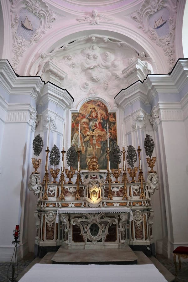 Forio, Campania, Italy - May 13, 2022: Interior of the seventeenth-century Church of San Gaetano in Via Filippo di Lustro. Forio, Campania, Italy - May 13, 2022: Interior of the seventeenth-century Church of San Gaetano in Via Filippo di Lustro