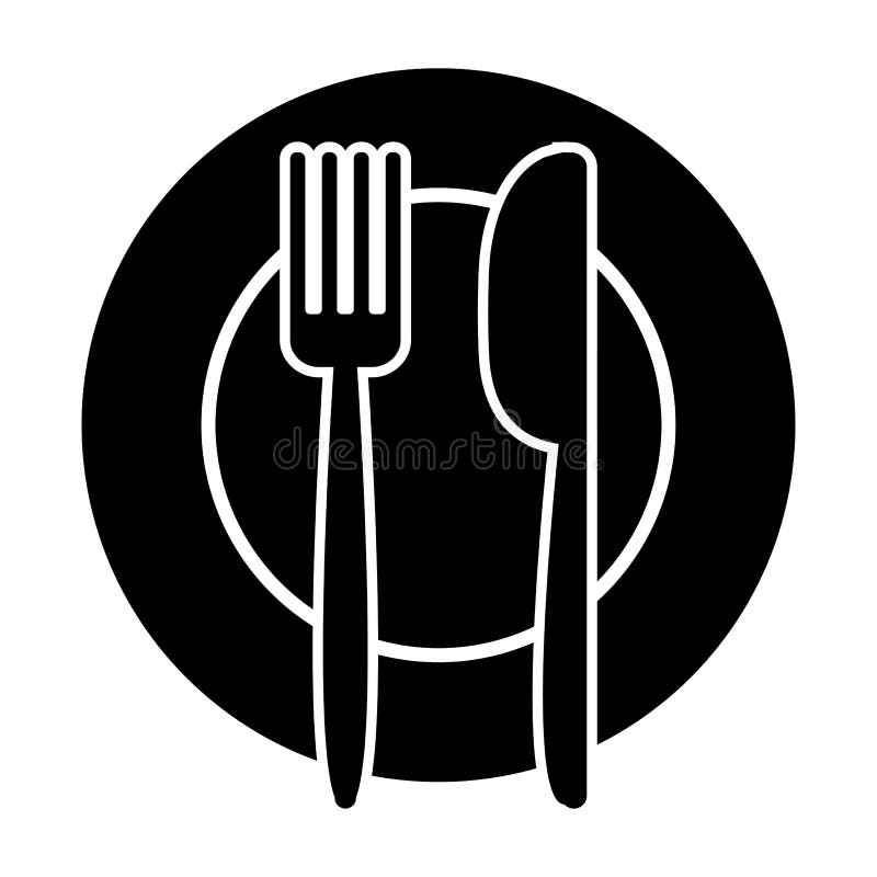 Fork and Knife on Plate, Black and White Design. Vector Stock