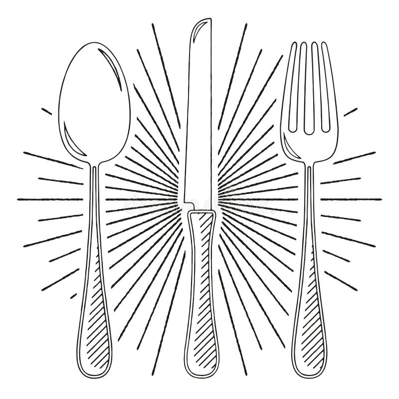 Fork, Knife, Spoon Black and White Illustration/ Drawing Stock