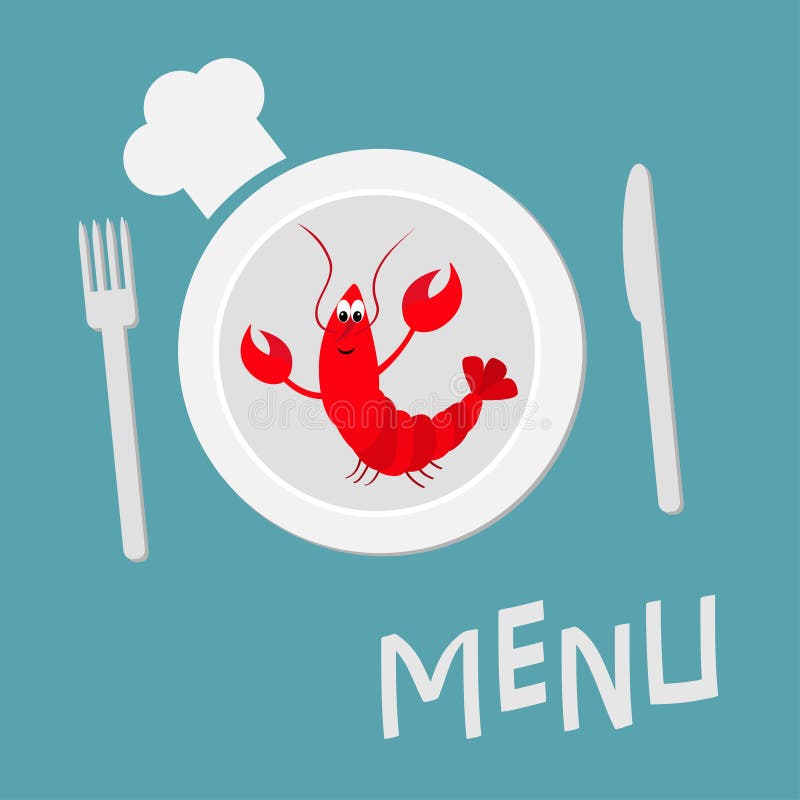 Fork, plate, knife and chefs hat. Lobster with claw. Cute cartoon character. Seafood menu sign symbol. Funny sea ocean animal. Fla stock illustration Fork, plate, knife and chefs hat. Lobster with claw. Cute cartoon character. Seafood menu sign symbol. Funny sea ocean animal. Fla stock illustration