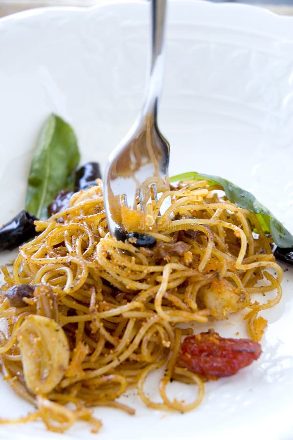 Fork with spicy pasta stock photo. Image of homemade 47884704