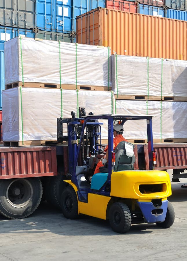 A forklift is loaded cargo