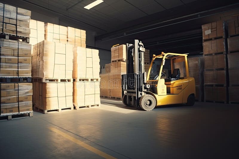 Forklift for Loading Pallets with Packages in Warehouse Interior