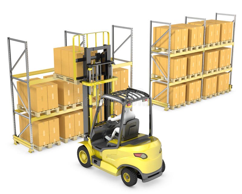 Forklift truck loads pallet on the rack royalty free illustration
