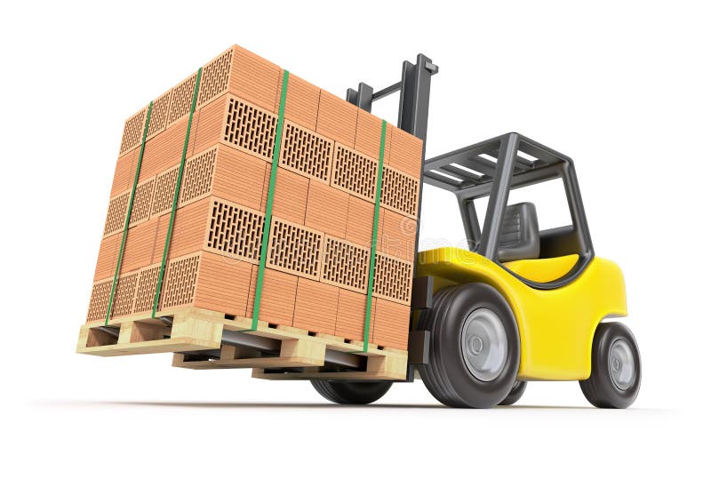 Forklift with hollow clay blocks - 3D illustration. Forklift with hollow clay blocks - 3D illustration