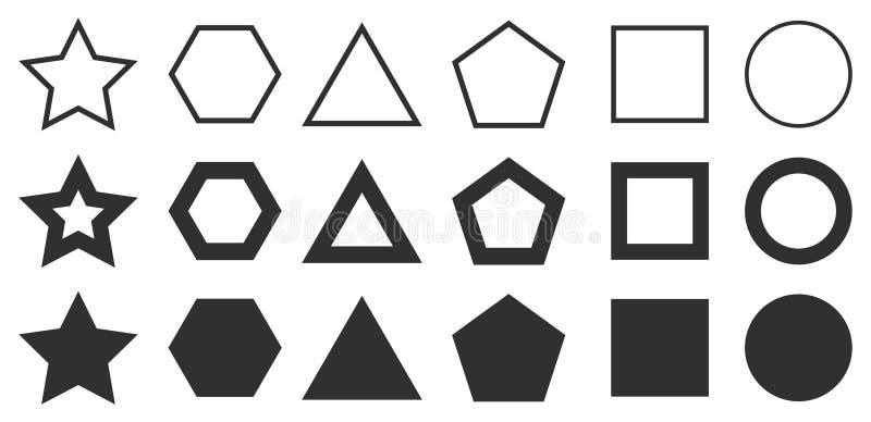 Form set from thin to thick line, set of different geometric shapes form, circle figure elements, frames and borders, star stock illustration