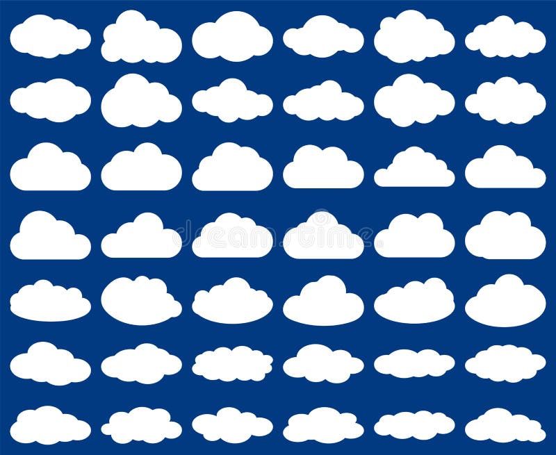 Cloud shape. Vector set of clouds silhouettes isolated on blue sky background. Collection of elements for cloudscape design, weather icons, web upload interface or cloud storage symbol. Fluffy forms. Cloud shape. Vector set of clouds silhouettes isolated on blue sky background. Collection of elements for cloudscape design, weather icons, web upload interface or cloud storage symbol. Fluffy forms.