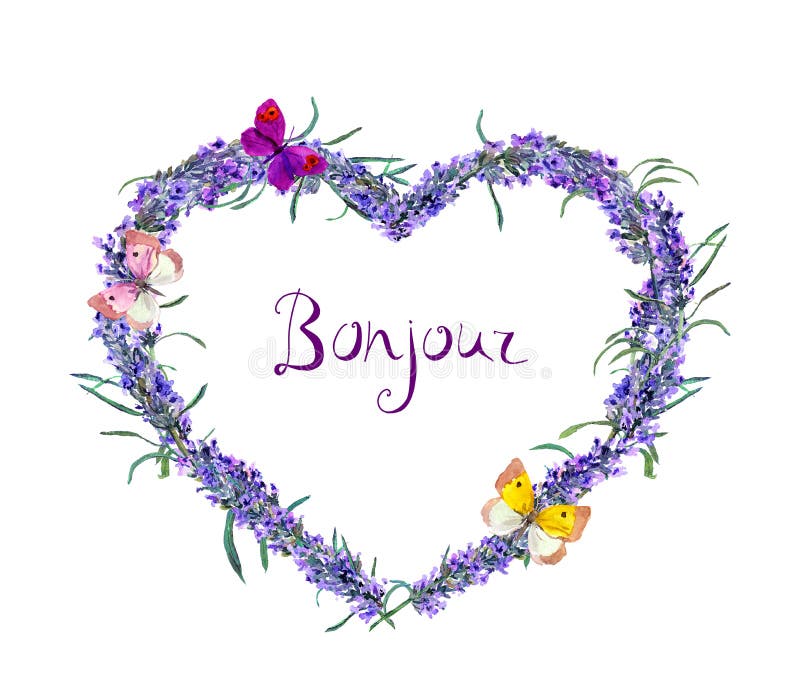 Forma De Coração Floral Com Flores E Borboletas Lavanda. Texto Francês  Bonjour Tradução Oi . Cartão D'água Ilustração Stock - Ilustração de flor,  rural: 208110627