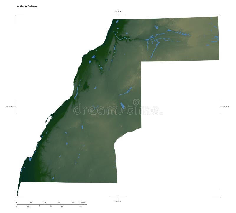 Shape of a Colored elevation map with lakes and rivers of the Western Sahara, with distance scale and map border coordinates, isolated on white. Shape of a Colored elevation map with lakes and rivers of the Western Sahara, with distance scale and map border coordinates, isolated on white