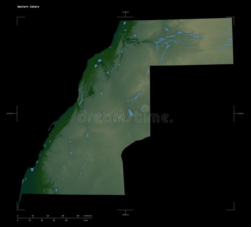 Shape of a Colored elevation map with lakes and rivers of the Western Sahara, with distance scale and map border coordinates, isolated on black. Shape of a Colored elevation map with lakes and rivers of the Western Sahara, with distance scale and map border coordinates, isolated on black