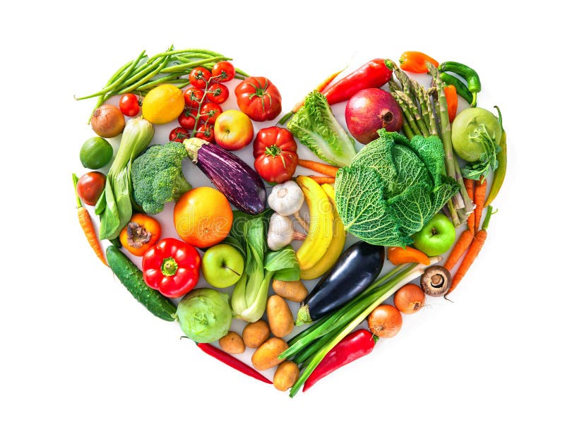 Forma del corazón por las diversas verduras y frutas Concepto sano del alimento