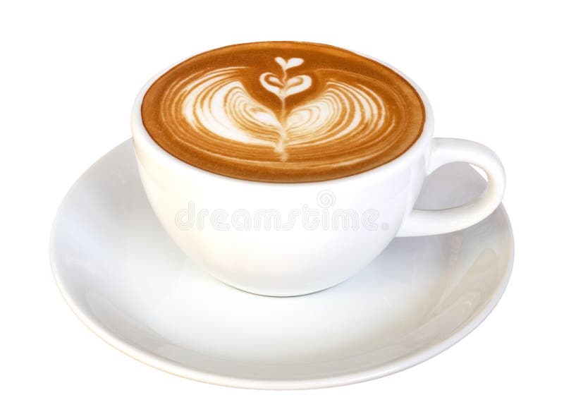 Forma del cuore del fiore di arte del latte del caffè, cappuccino caldo isolato su fondo bianco, percorso