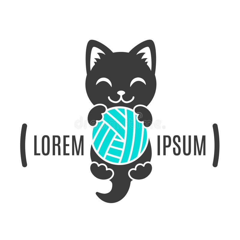 Forma nera del gattino con la palla in zampe Logo del gatto Logotype animale semplice per il negozio e la società fatta a mano illustrazione di stock