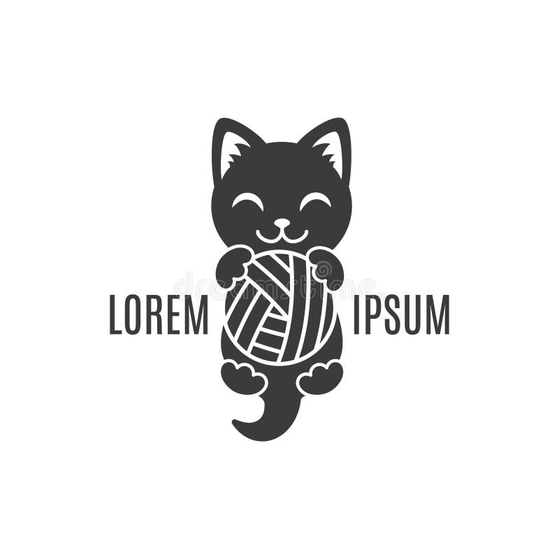 Forma nera del gattino con la palla in zampe Logo del gatto Logotype animale semplice per il negozio e la società fatta a mano illustrazione di stock