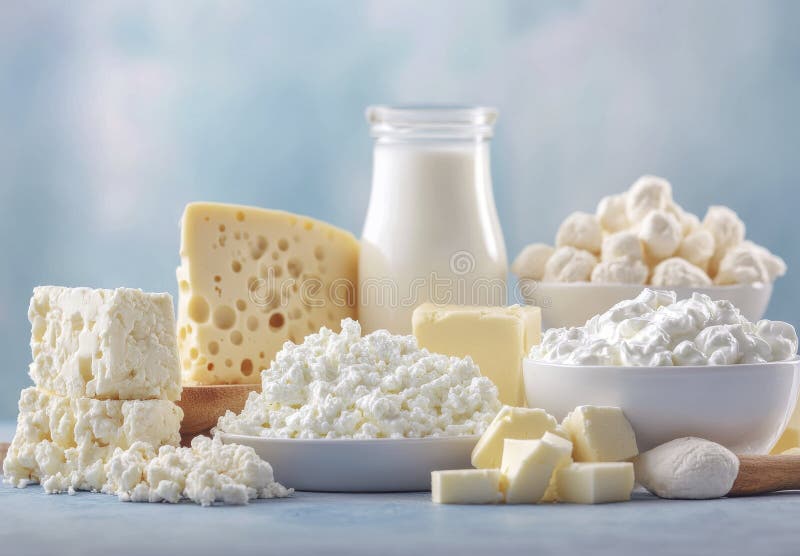 Formaggi assortiti di prodotti lattiero-caseari Latte e formaggi di cotone su fondo blu royalty illustrazione gratis