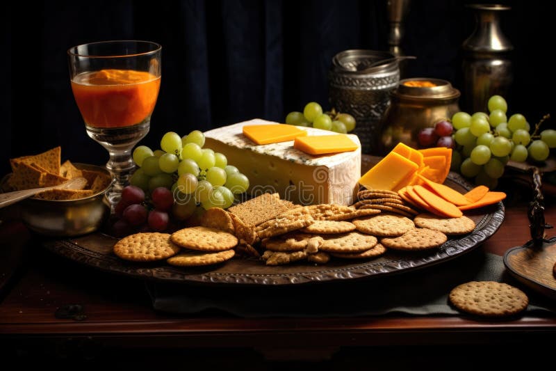 Formaggio di scarto e cracker su un piatto creato con aria generativa generata