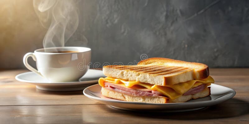 Formaggio fuso al mattino caldo aromatico e panino al prosciutto servito con una tazza di caffè in legno di stoffa. Generative AI illustrazione vettoriale