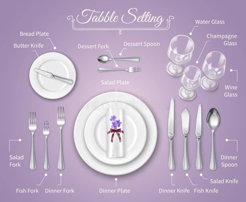 Formal Dinner Place Setting Infographics. Background with flatware on rose tablecloth realistic vector illustration