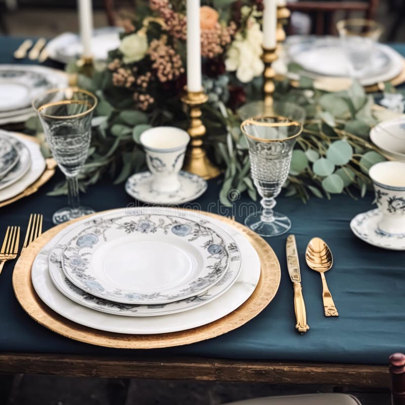 Formal Holiday Tablescape with Blue Decor, Dinner Table Setting, Table