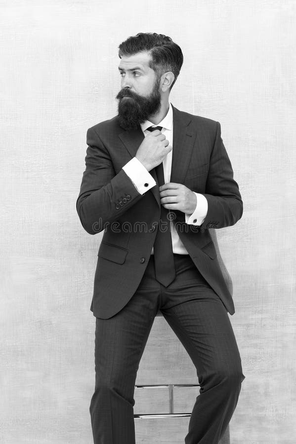 Classy style. Man bearded hipster wear classic suit outfit. Formal