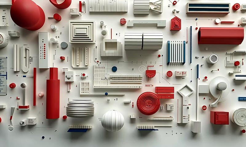Formas geométricas abstractas en rojo y blanco. Una colección diversa de formas que parecen ser una ciudad o un complejo industria stock de ilustración