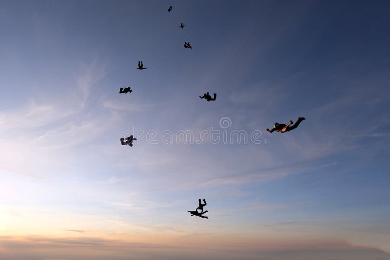 Formation skydiving in the sunset sky. stock image Formation skydiving in the sunset sky. stock image