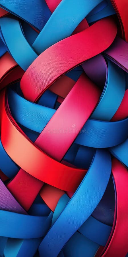 Forme abstracte, colorate, interconectate, care creează un model dinamic de panglici roșii și albastre cu texturi complexe și stock images