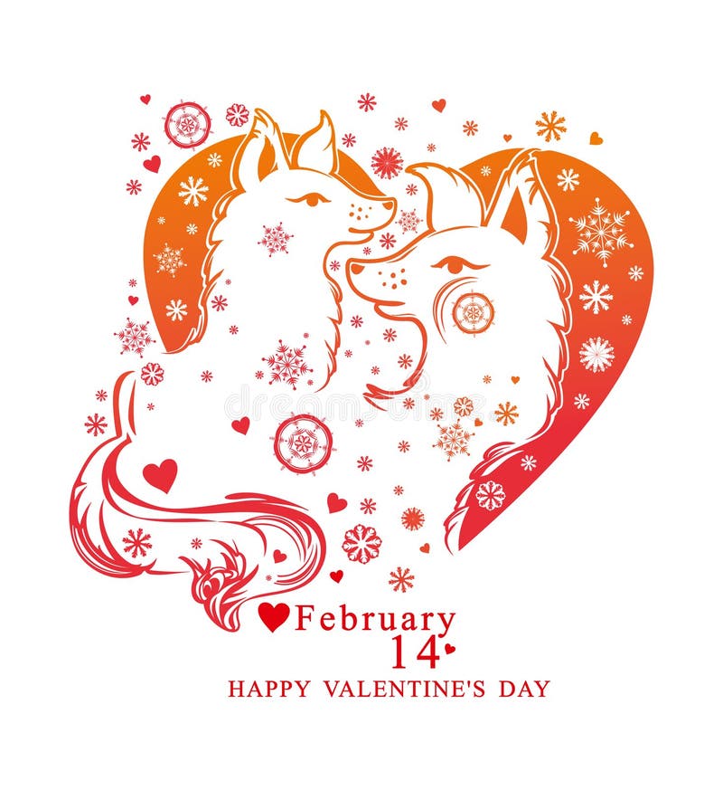 Forme de coeur avec des flocons de neige et paires de chiens mignons illustration stock Forme de coeur avec des flocons de neige et paires de chiens mignons illustration stock