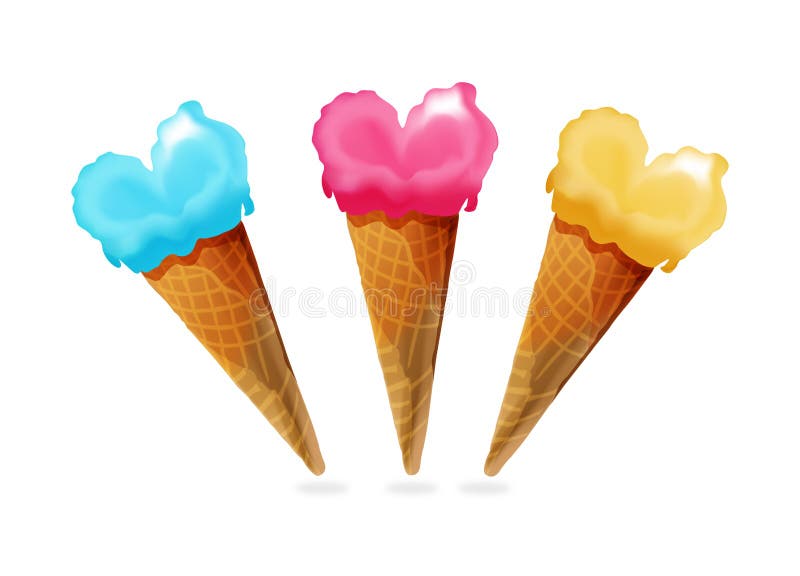 Heart shaped ice cream cone in three flavors isolated on white. Heart shaped ice cream cone in three flavors isolated on white