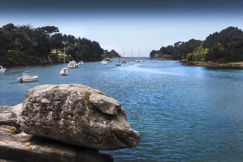 Forme de porc Marée basse dans Poludlu, la Bretagne, France, avec un petit images stock Forme de porc Marée basse dans Poludlu, la Bretagne, France, avec un petit images stock