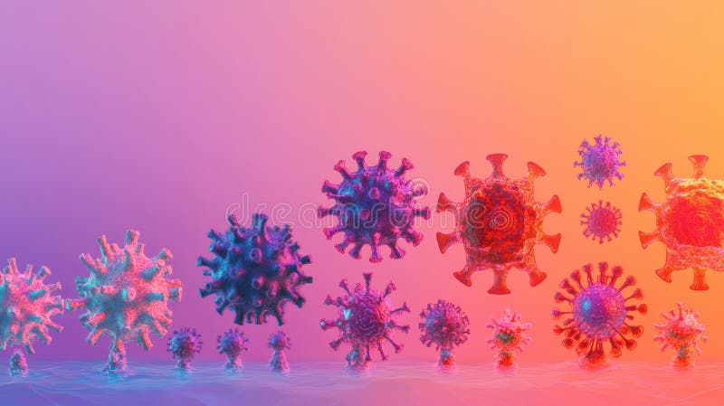 Forme de virus care evoluează de la structuri simple la entități complexe dintr-un fundal vibrant de gradient. ai generativ stock photos