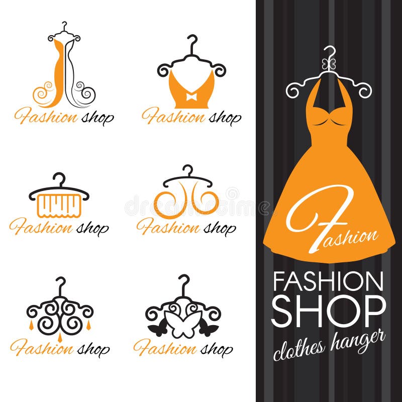 Forme el logotipo de la tienda - suspensión de ropa y vestido y mariposa anaranjados