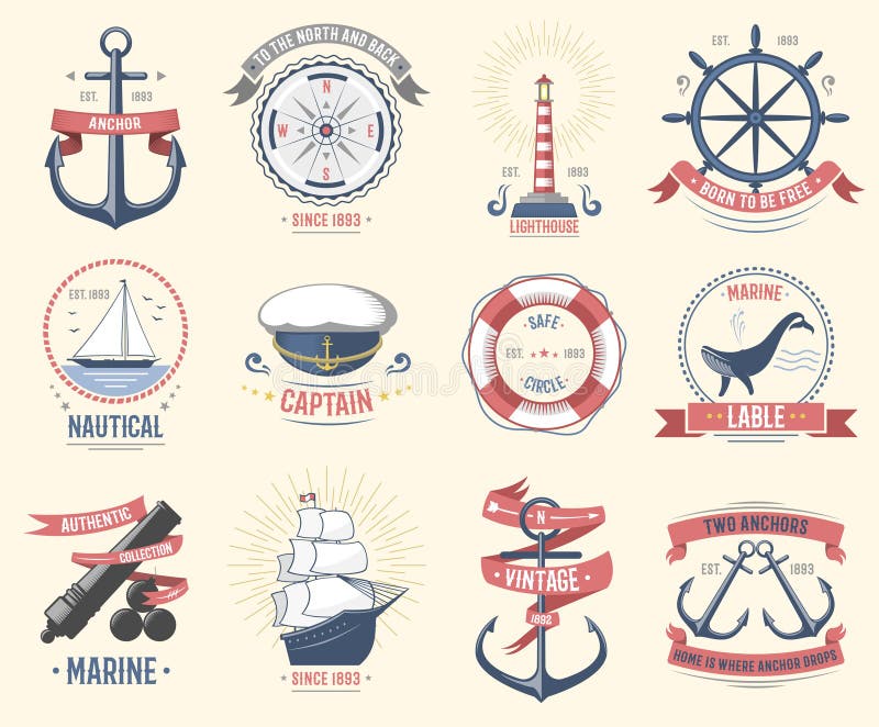 Fashion nautical logo sailing themed label or icon with ship sign anchor rope steering wheel and ribbons travel element graphic badges vector illustration. Style cruise business insignia template. Fashion nautical logo sailing themed label or icon with ship sign anchor rope steering wheel and ribbons travel element graphic badges vector illustration. Style cruise business insignia template.